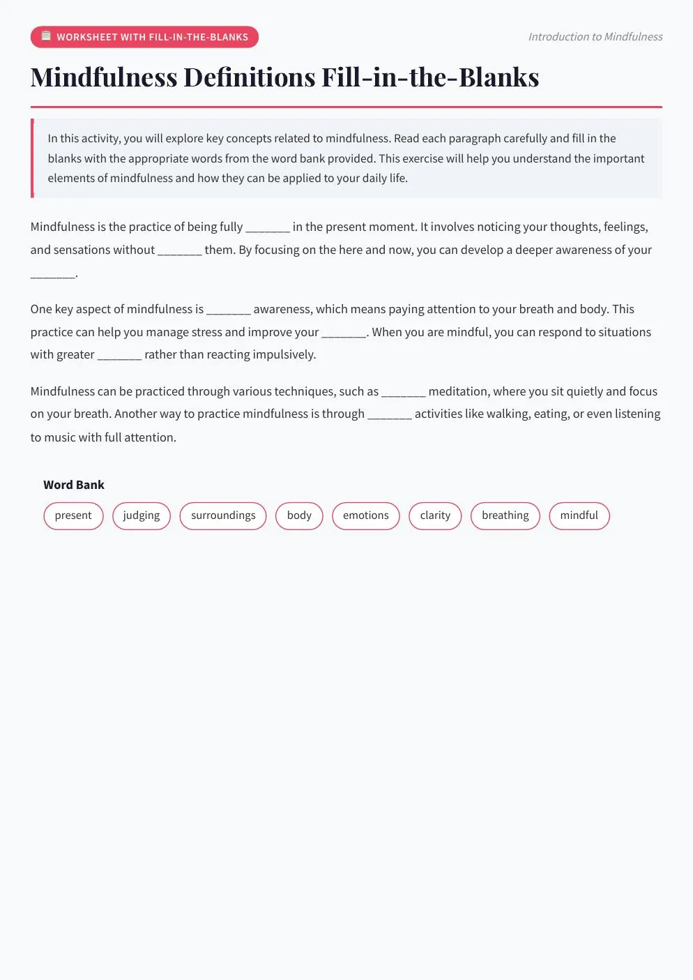 Example workbook activity page with a structured exercise