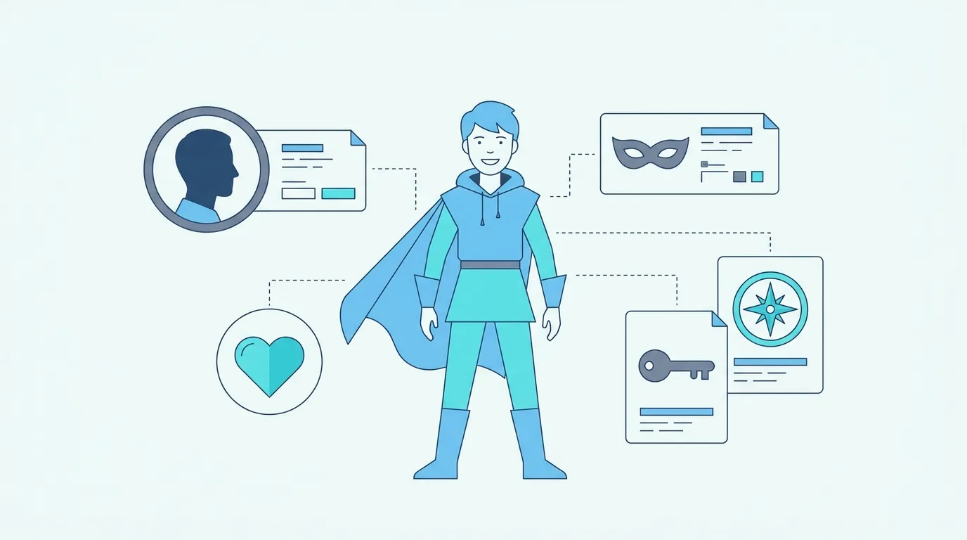 Flat sky-blue illustration of a caped hero surrounded by floating character-sheet cards showing a portrait silhouette, a heart, a mask, a key, and a compass — symbols for personality, secret, and motivation fields
