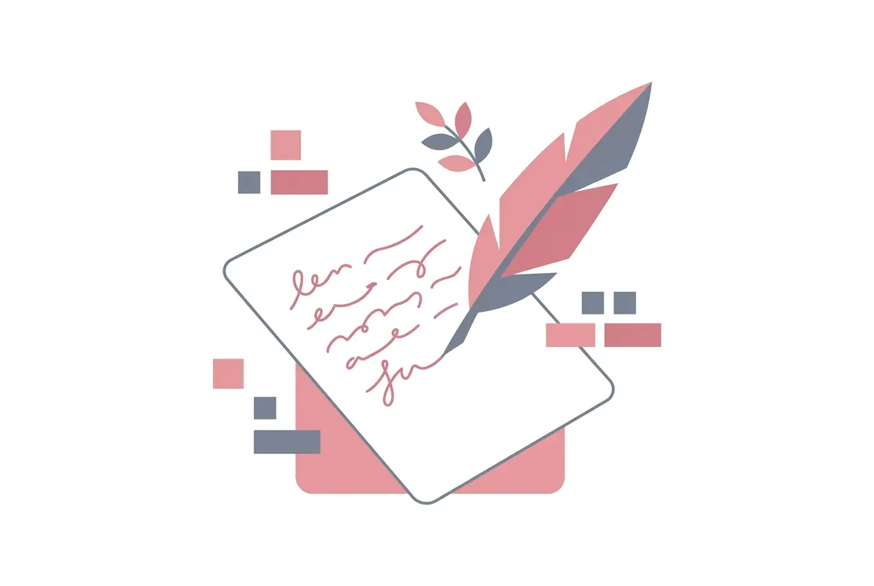 Flat illustration of a feather quill writing flowing lines of verse on a page, with abstract stanza blocks