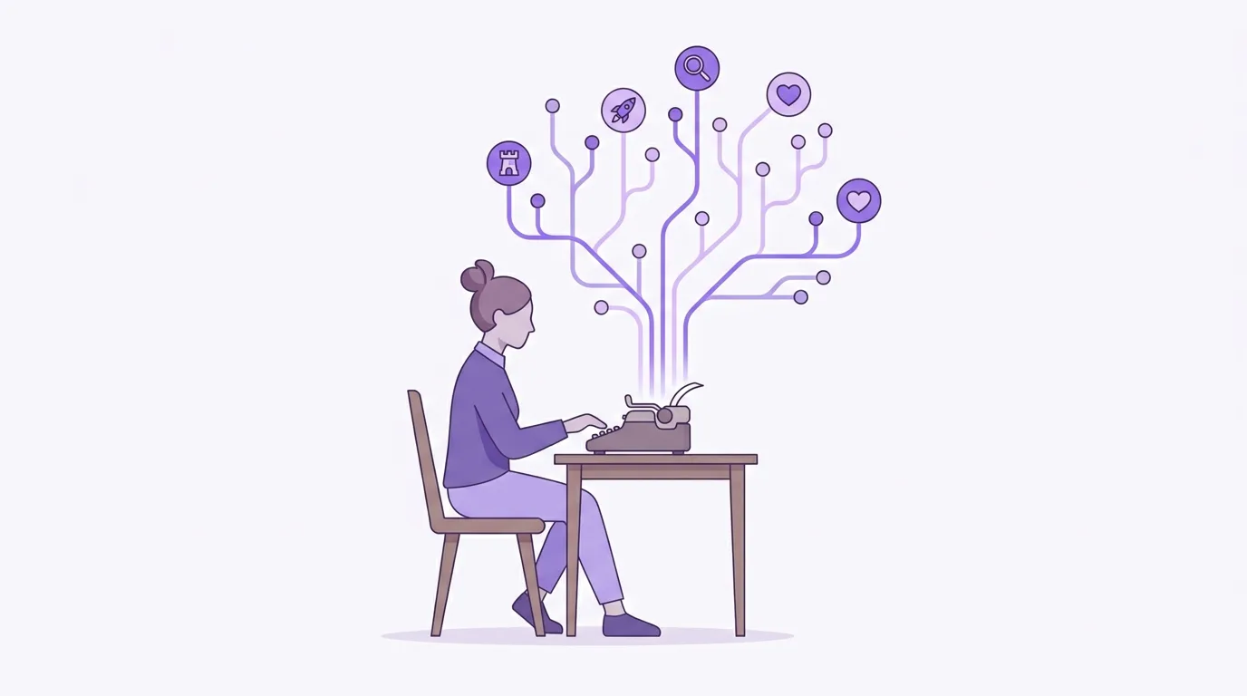 Flat violet illustration of a writer at a typewriter with branching story paths growing out of the page, each branch ending in a genre icon — a castle, a rocket, a magnifying glass, and a heart