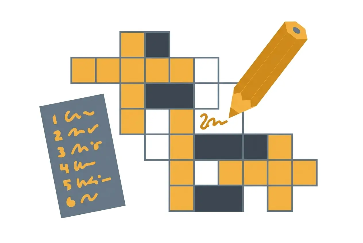 Flat illustration of an interlocking crossword grid with a pencil filling in a square and a numbered clue list