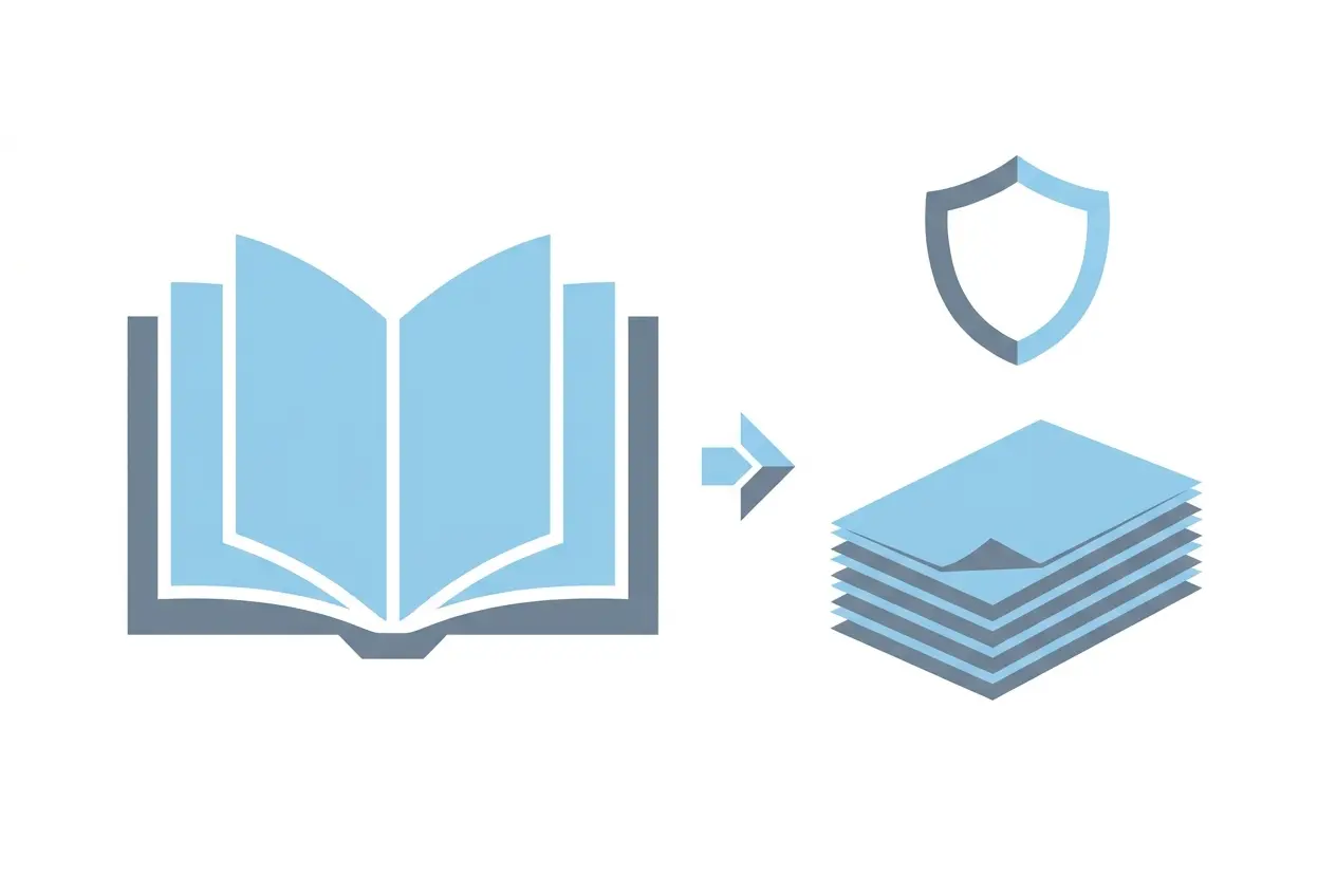 Flat illustration of an EPUB ebook being converted into a stack of PDF pages, with a privacy shield