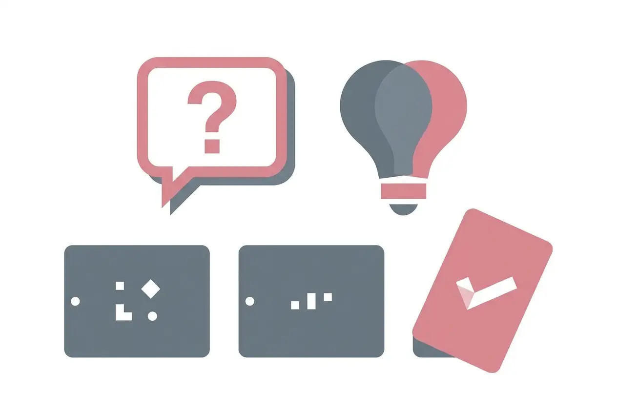 Flat illustration of a quiz night: a question mark speech bubble, a lightbulb, and answer cards with one revealing a check mark