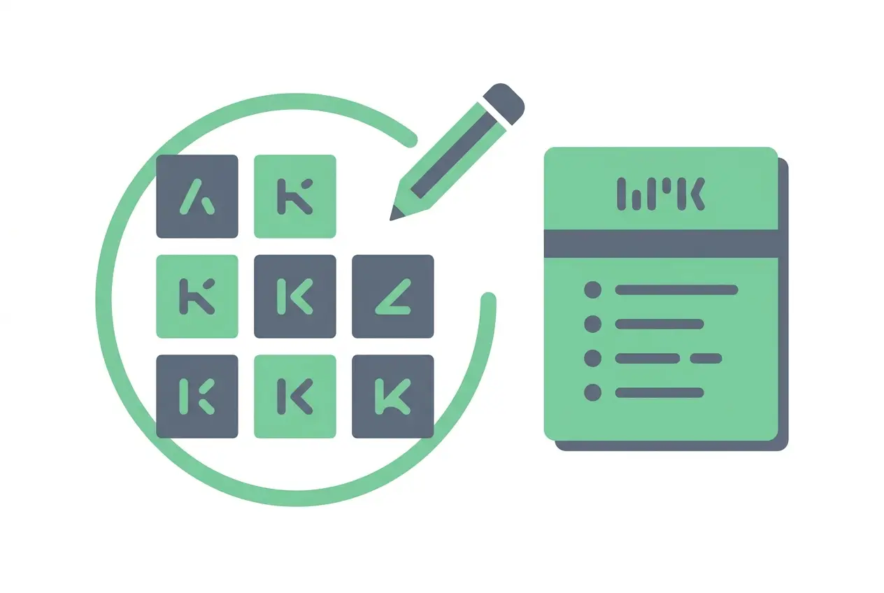 Flat illustration of a word search grid with a pencil circling a hidden word and a word list beside it