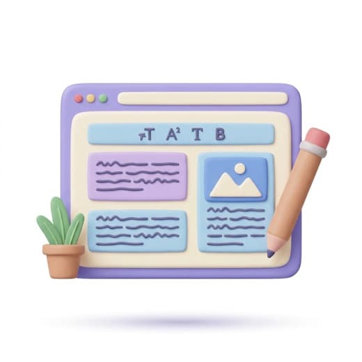 Soft 3D editor window with text, image blocks and pencil
