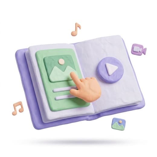 Soft 3D interactive ebook with a play button and tapping hand