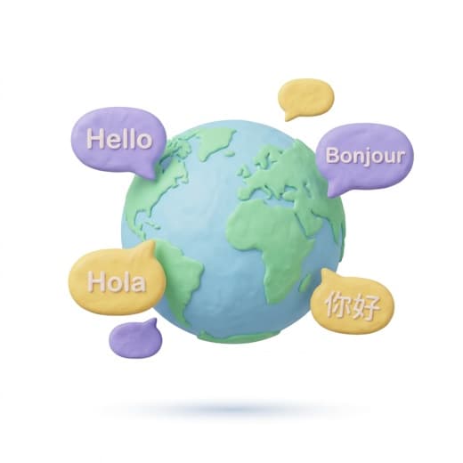 Soft 3D globe with multilingual speech bubbles