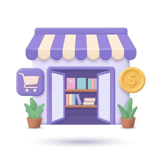 Soft 3D online book marketplace storefront with cart and coin