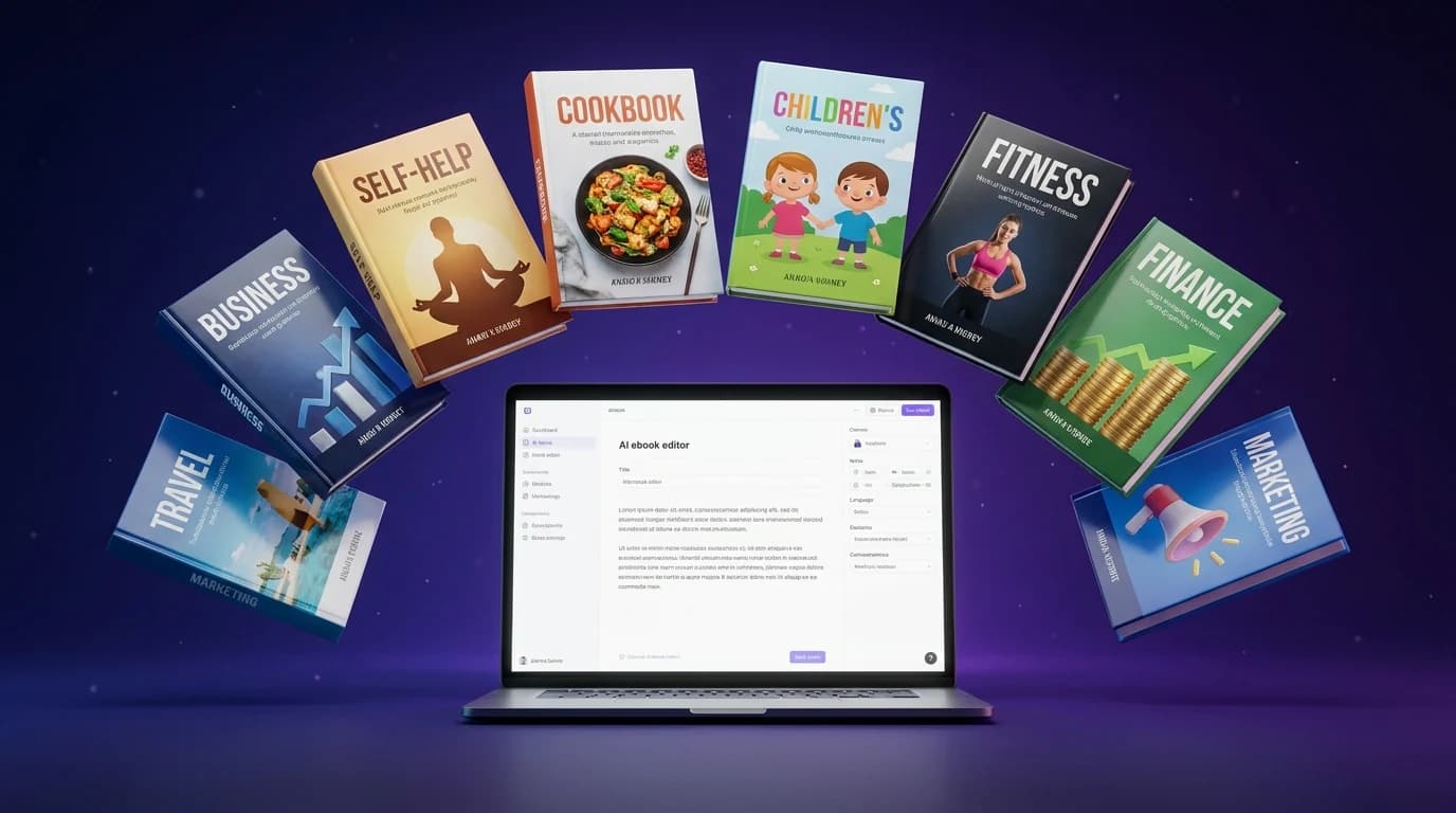 AI ebook generator fanning out finished, professionally designed ebook covers from a laptop editor
