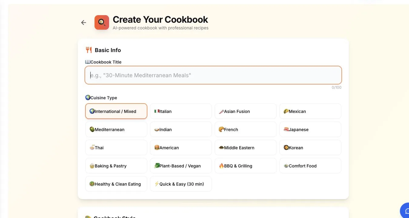 Automateed cookbook creator showing cuisine and cookbook setup controls