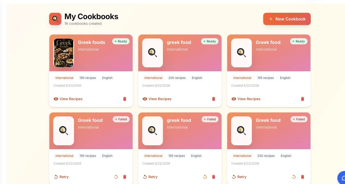 Automateed cookbook library showing completed cookbook projects and recipe counts