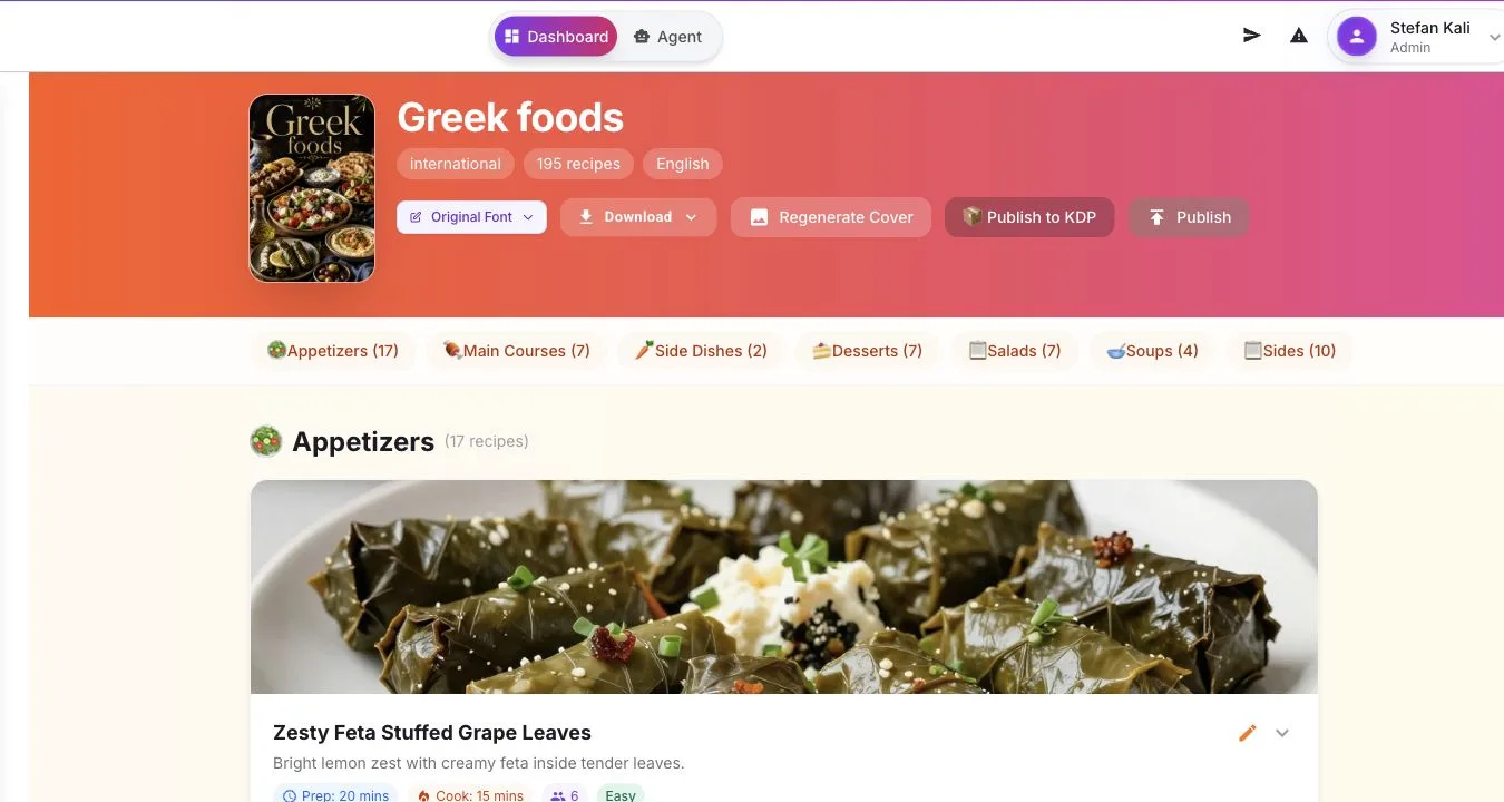 Automateed cookbook editor showing generated recipes, food images and recipe categories