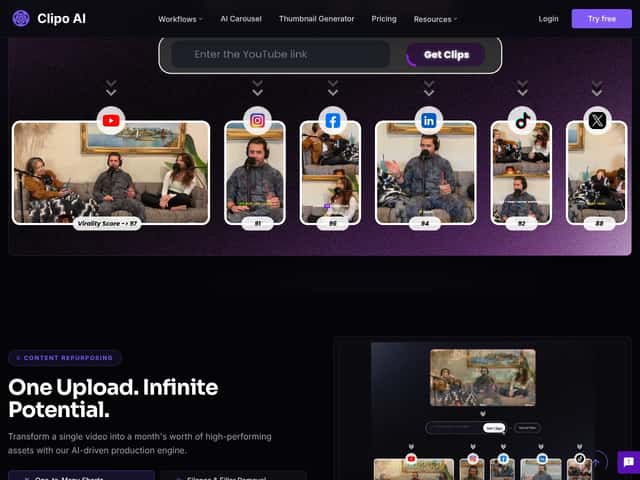 Clipo AI — One Video, 20 Content Pieces interface