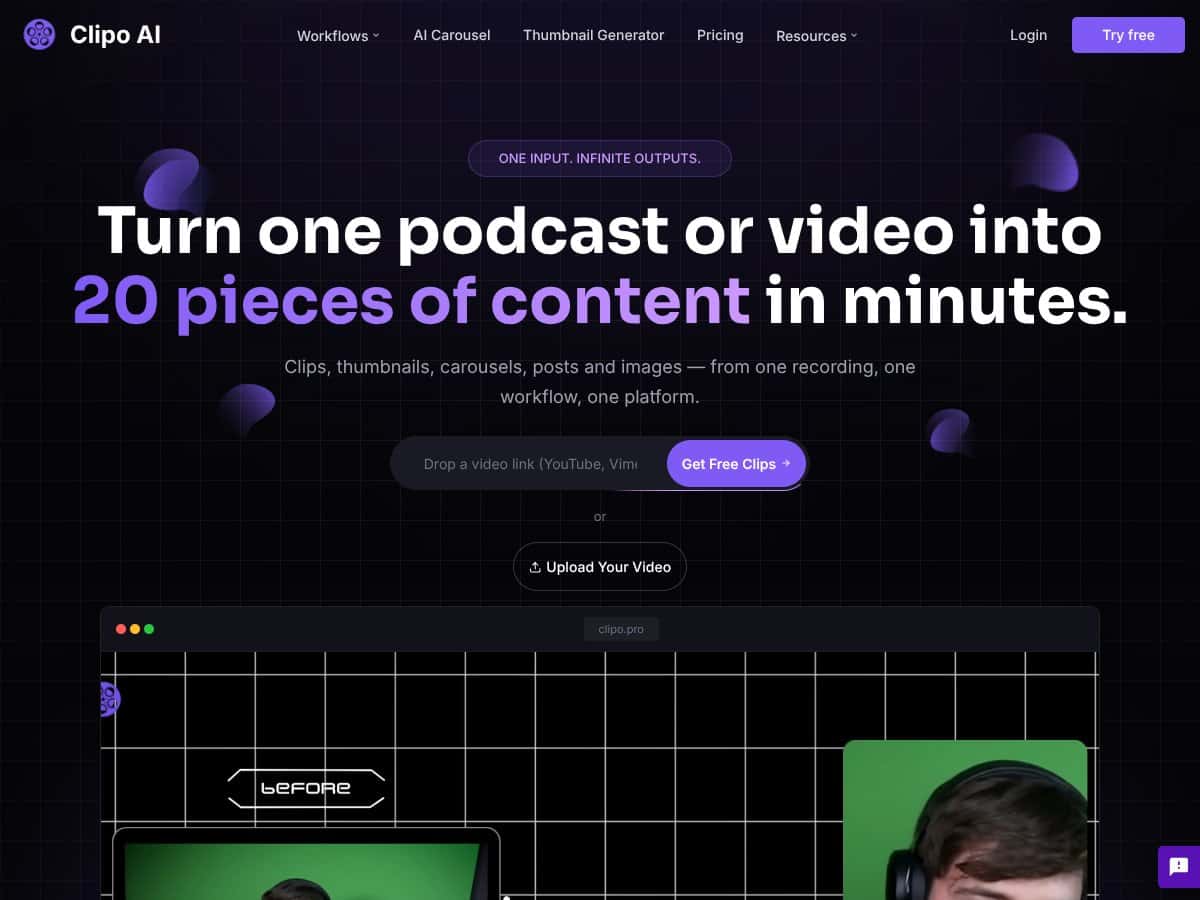 Clipo AI — One Video, 20 Content Pieces screenshot