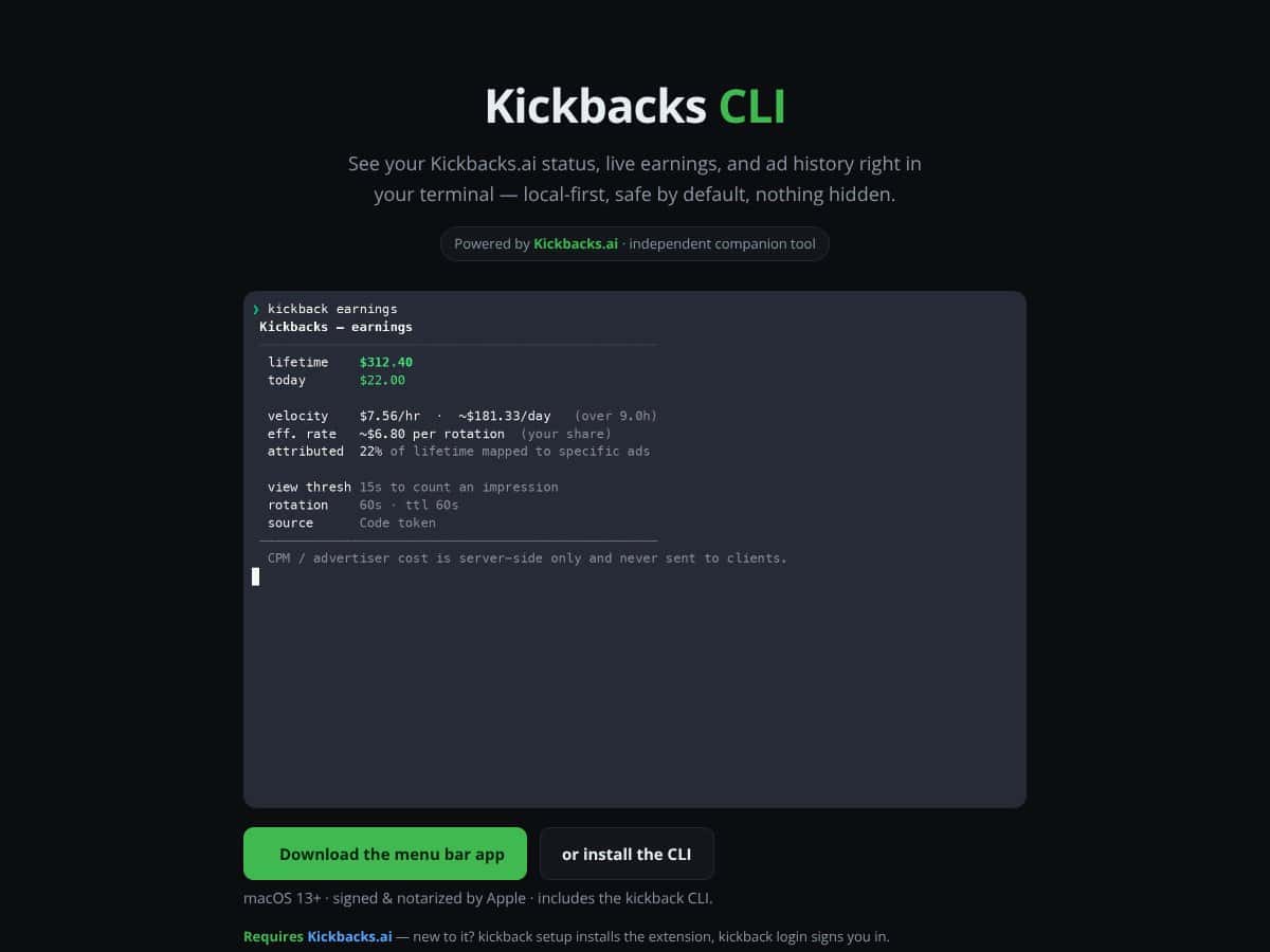 Kickbacks CLI screenshot