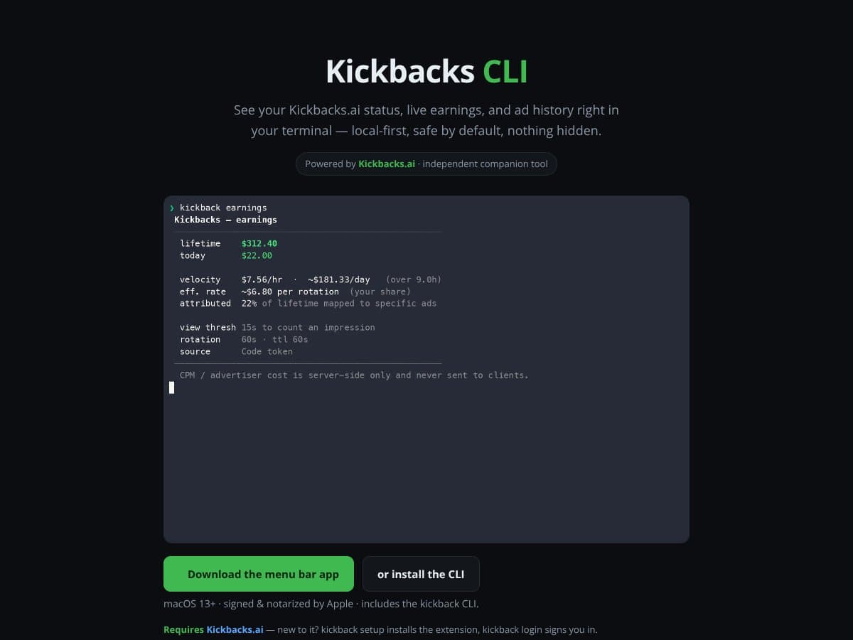 Kickbacks CLI screenshot