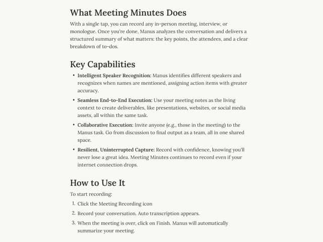 Manus Meeting Minutes interface
