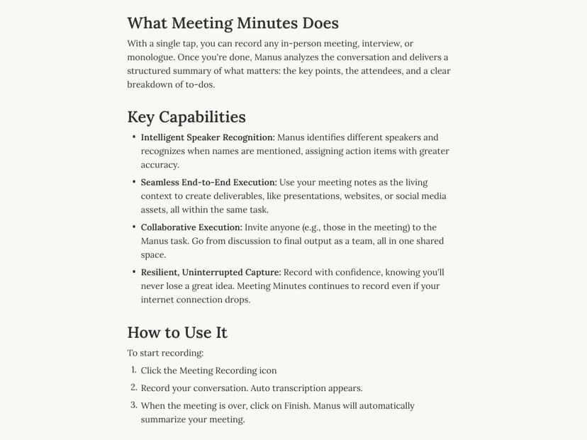 Manus Meeting Minutes interface