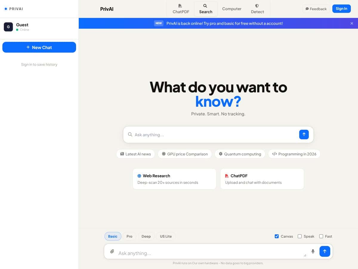 PrivAI– AI search engine with sources screenshot