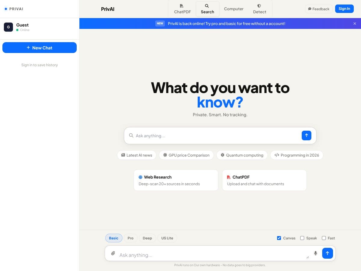 PrivAI– AI search engine with sources screenshot