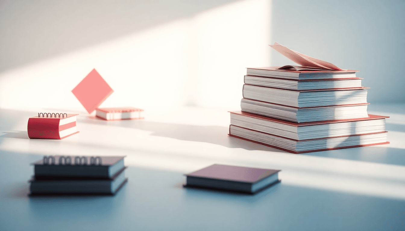 Books, index cards, and a notebook arranged on a writing desk