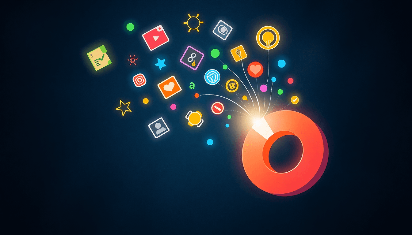 Magnet pulling colorful social media and content icons into a cluster