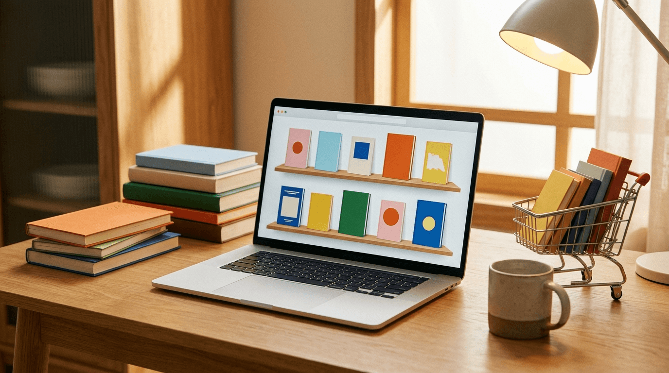 Minimalistic illustration of a cozy bookstore scene with stacked books and a warm atmosphere, featuring soft colors and clean lines.