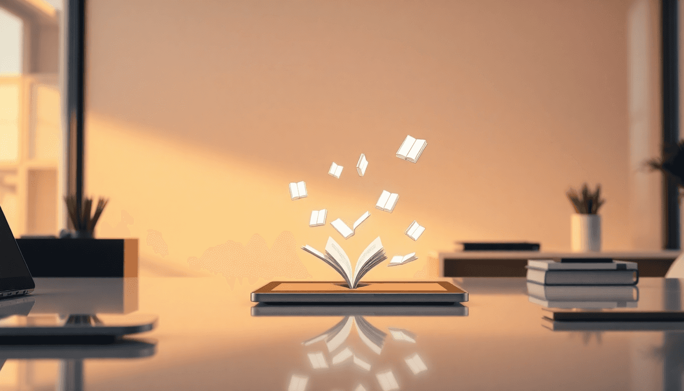 Open book with digital pages floating above it beside a laptop