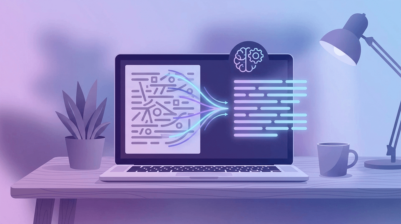 Illustration of text being rephrased on a laptop screen, representing how QuillBot paraphrases writing