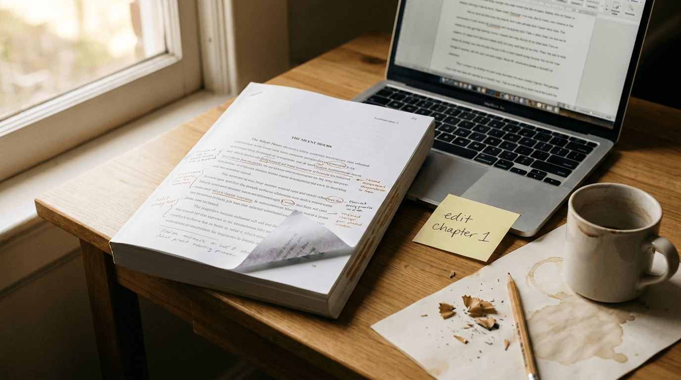 Marked-up printed book manuscript with red-pen edits, a laptop text editor, and an ‘edit chapter 1’ sticky note — editing a book with AI