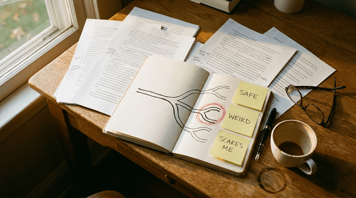 Writer's desk with a hand-drawn branching story map, manuscript pages and sticky notes ranking plot directions from safe to weird
