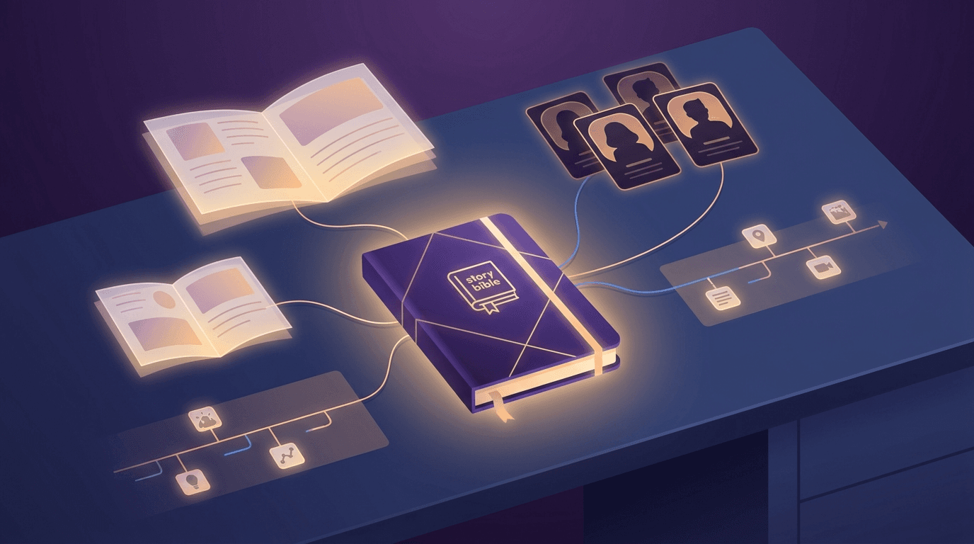 Story bible notebook connected to book chapters, characters and a timeline — keeping an AI-generated book consistent