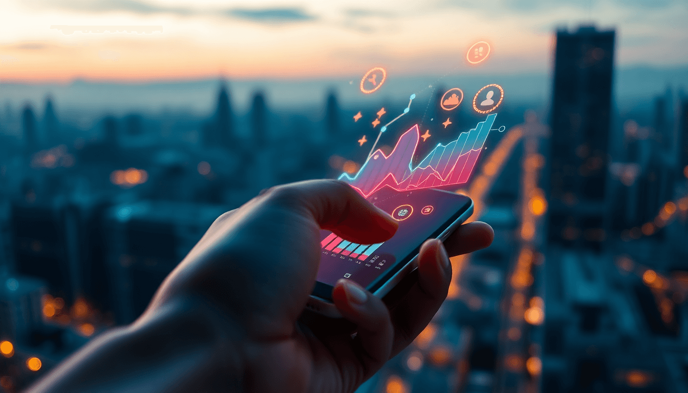 Hand holding a phone with stylized social media performance charts