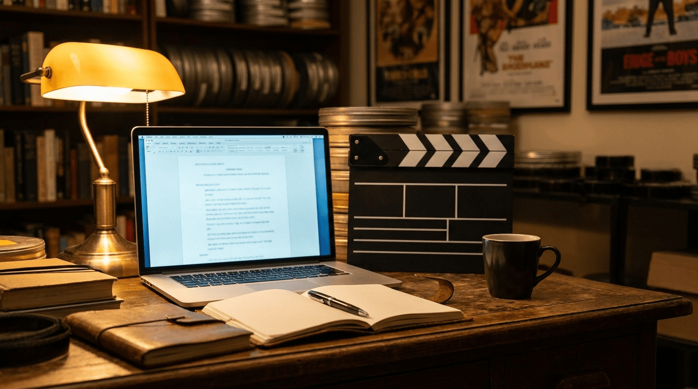 Open notebook and pen on a rustic wooden table with soft warm lighting, blurred computer screen displaying a script layout in the background, and a small potted plant nearby.