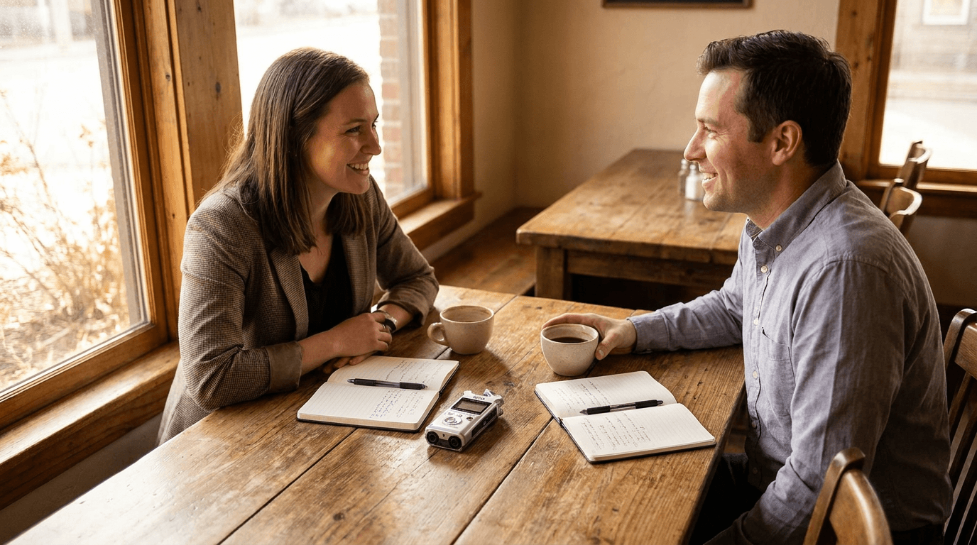 Two people in a relaxed interview conversation with a recorder and notebooks on the table