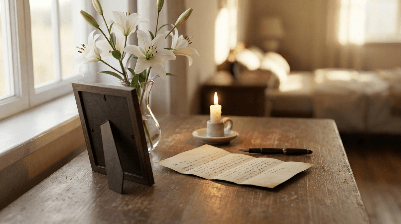 A softly lit desk with flowers, a candle and a handwritten letter, evoking a peaceful memorial