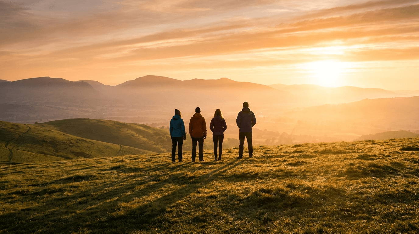 A team on a hilltop at sunrise looking toward the horizon, symbolizing a shared vision