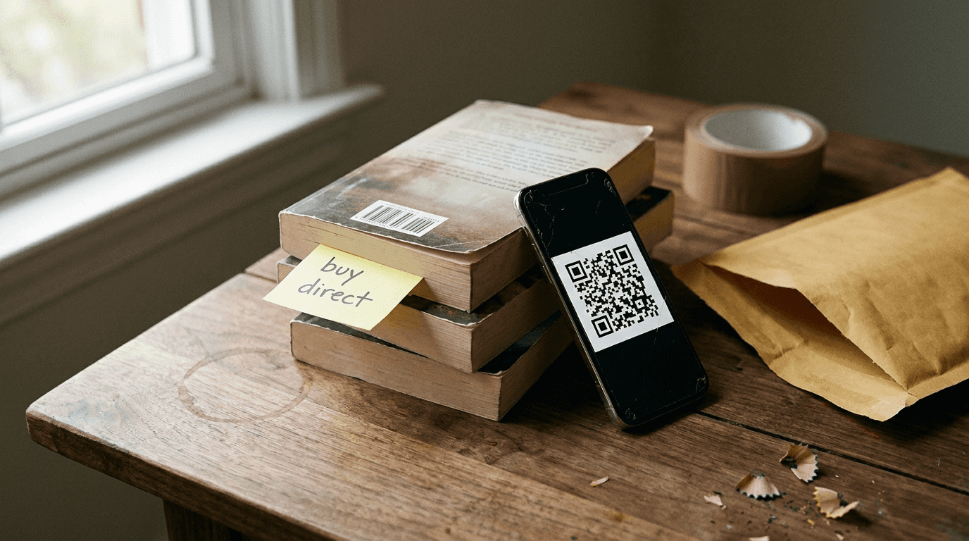 Stack of paperback books on a wooden desk with a phone showing a QR code and a 'buy direct' sticky note — selling books direct with IngramSpark Share & Sell.