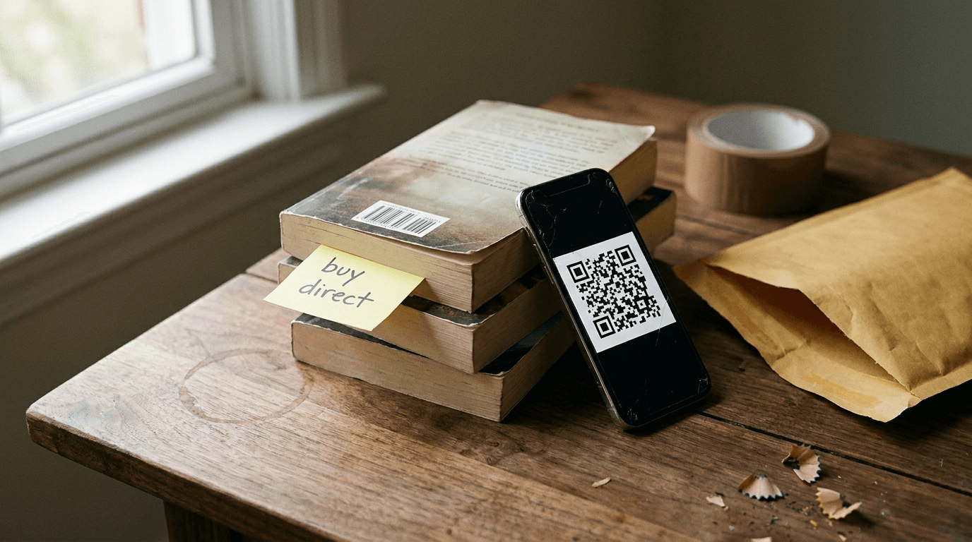 Stack of paperback books on a wooden desk with a phone showing a QR code and a 'buy direct' sticky note — selling books direct with IngramSpark Share & Sell.