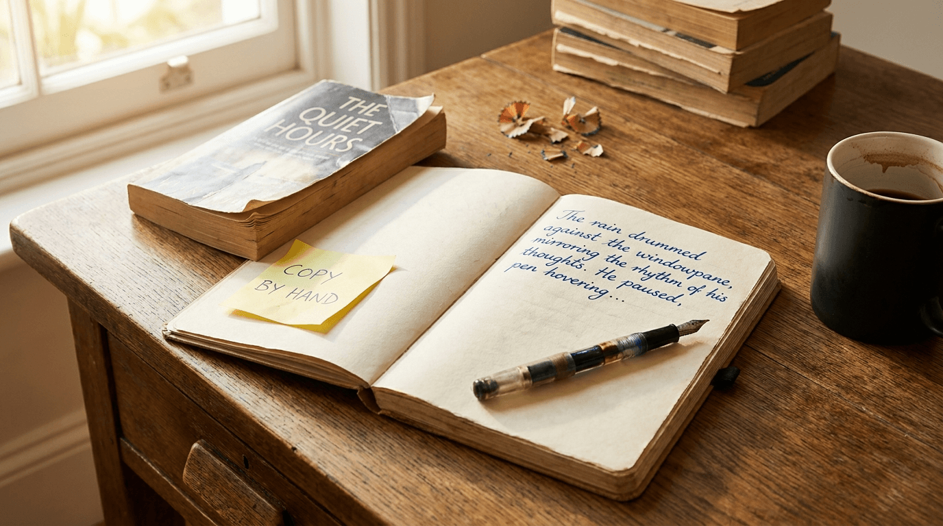 A writer's desk by a window with an open handwritten notebook, a fountain pen, an open paperback, and a 'copy by hand' sticky note - relearning to write after relying on AI