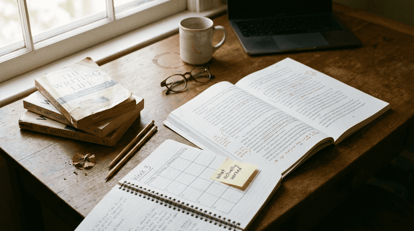 A real writer's desk with a marked-up manuscript, a handwritten study-experiment log and a sticky note reading 'what actually worked' — writing a self-help book without credentials.