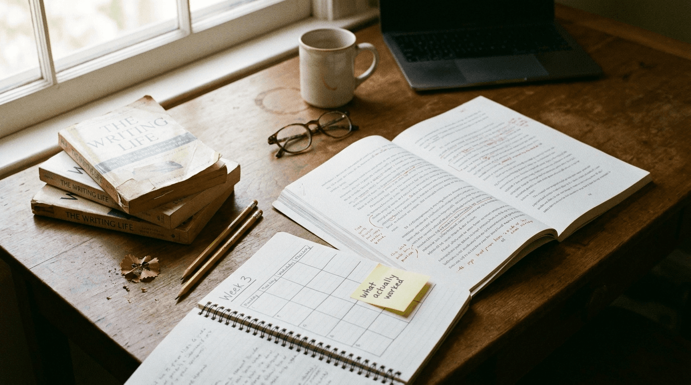 A real writer's desk with a marked-up manuscript, a handwritten study-experiment log and a sticky note reading 'what actually worked' — writing a self-help book without credentials.