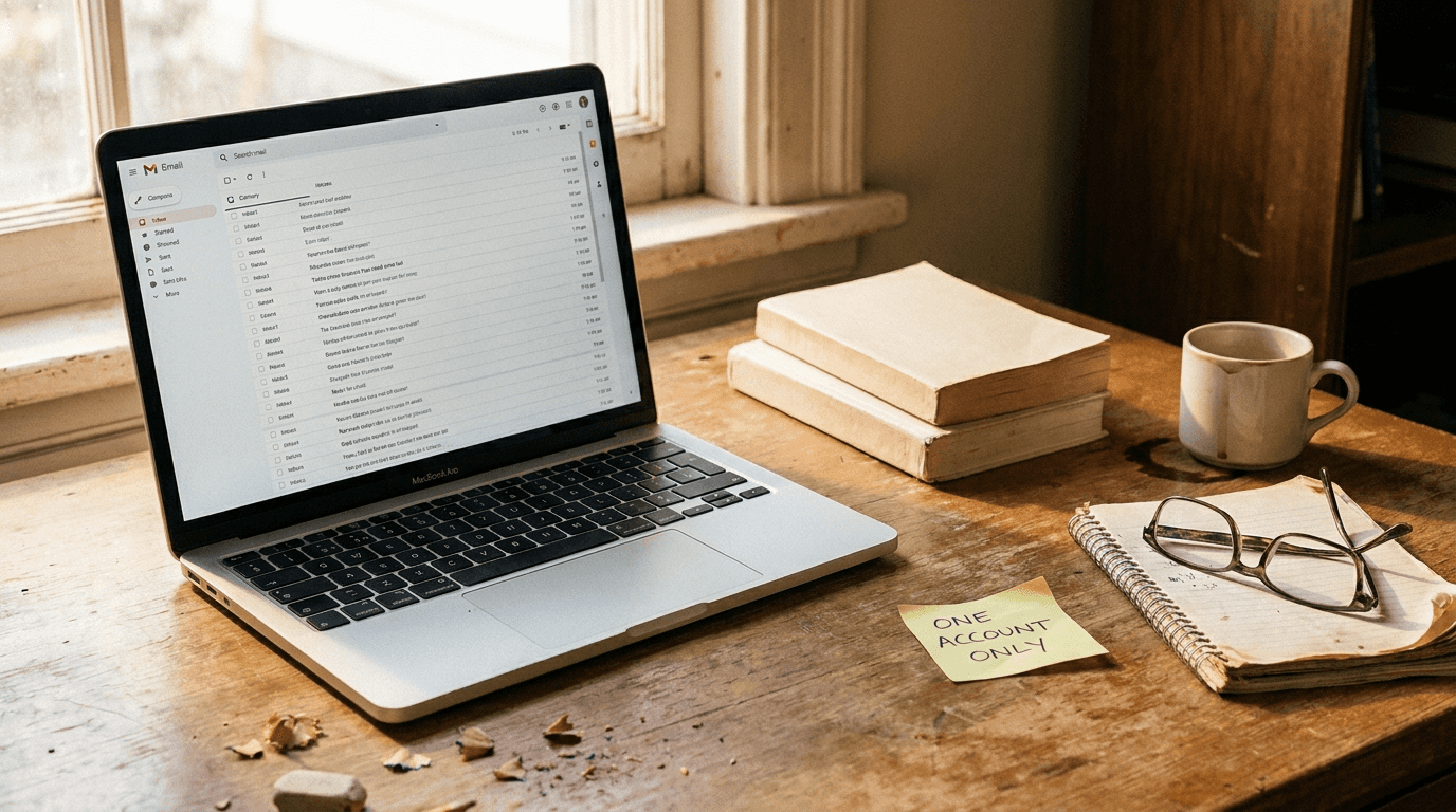 A self-published author's desk with a laptop, two paperbacks, reading glasses and a handwritten sticky note reading 'one account only' — can you have two KDP accounts.