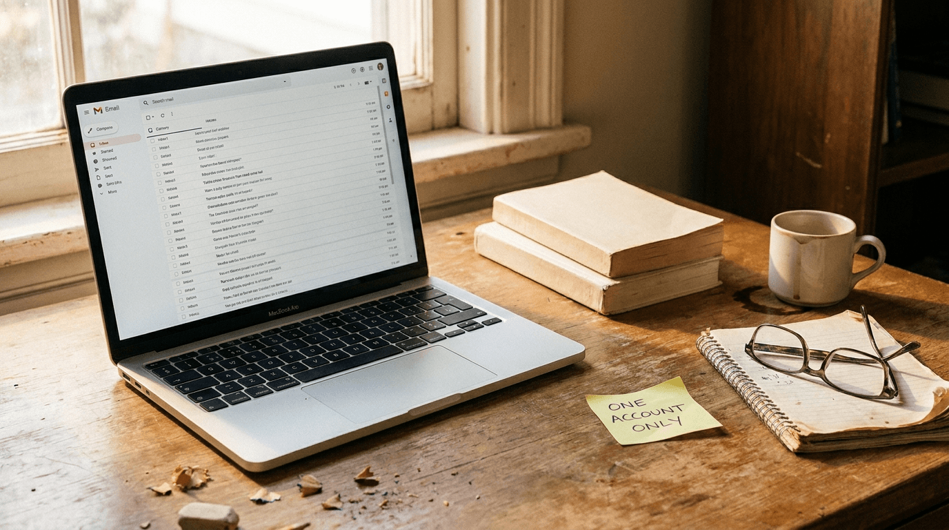 A self-published author's desk with a laptop, two paperbacks, reading glasses and a handwritten sticky note reading 'one account only' — can you have two KDP accounts.