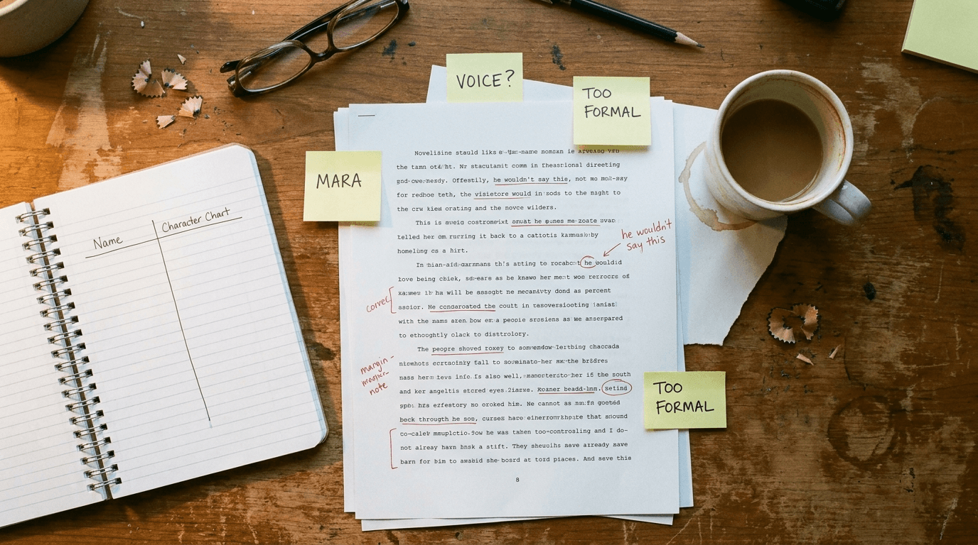 Novelist's desk with a manuscript marked up in red pen and sticky notes reading MARA and VOICE, illustrating character voice edits in AI writing