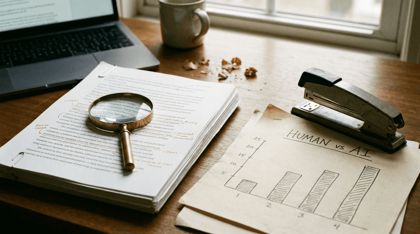 Editor's desk with a marked-up manuscript under a magnifying glass beside a hand-drawn human vs AI comparison chart