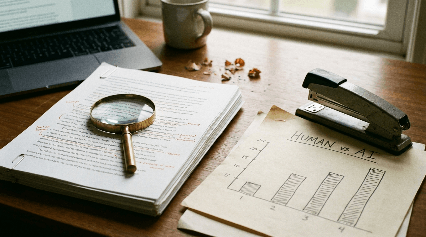 Editor's desk with a marked-up manuscript under a magnifying glass beside a hand-drawn human vs AI comparison chart