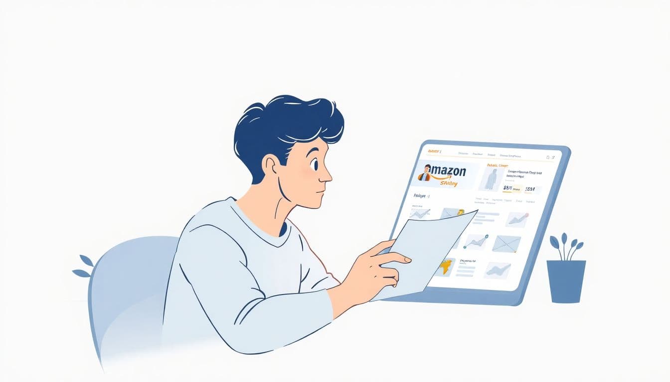 Minimalist illustration of a person analyzing a product listing, featuring soft colors and clean lines, with subtle Amazon elements, conveying a theme of discovery and focus on uncovering keywords.