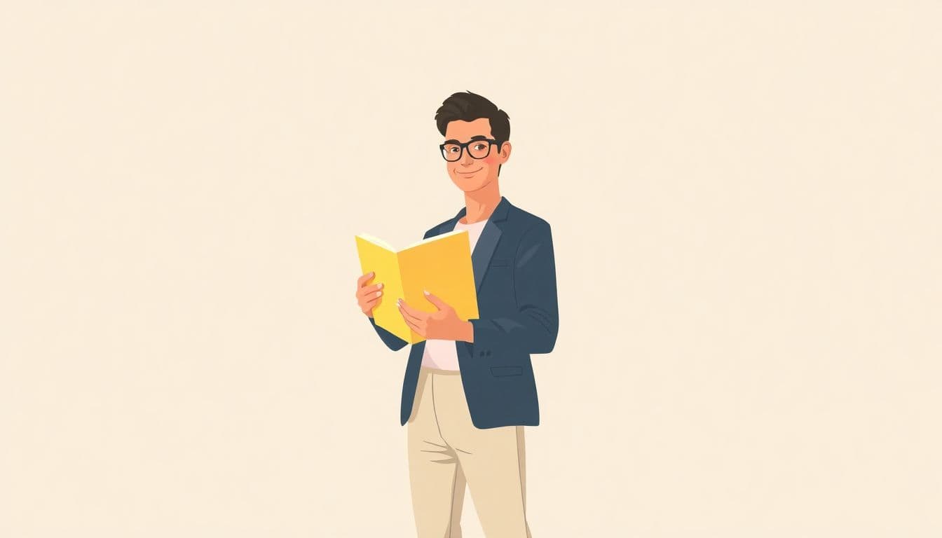 Confident author holding a glowing book, set against a clean, minimalist background with soft colors.