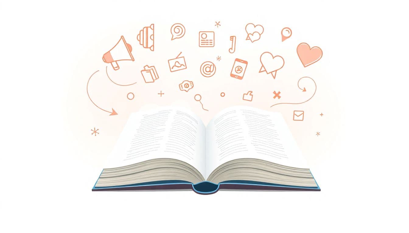 Open book surrounded by a swirl of marketing icons like a megaphone, social media symbols, and a heart, all set against a soft pastel background.